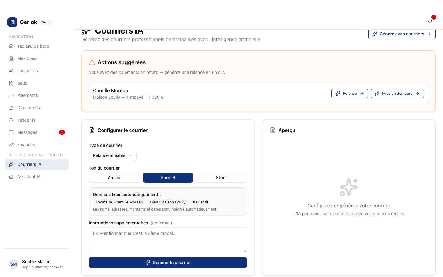 Capture d'écran de la fonctionnalité Courriers IA dans Gerlok