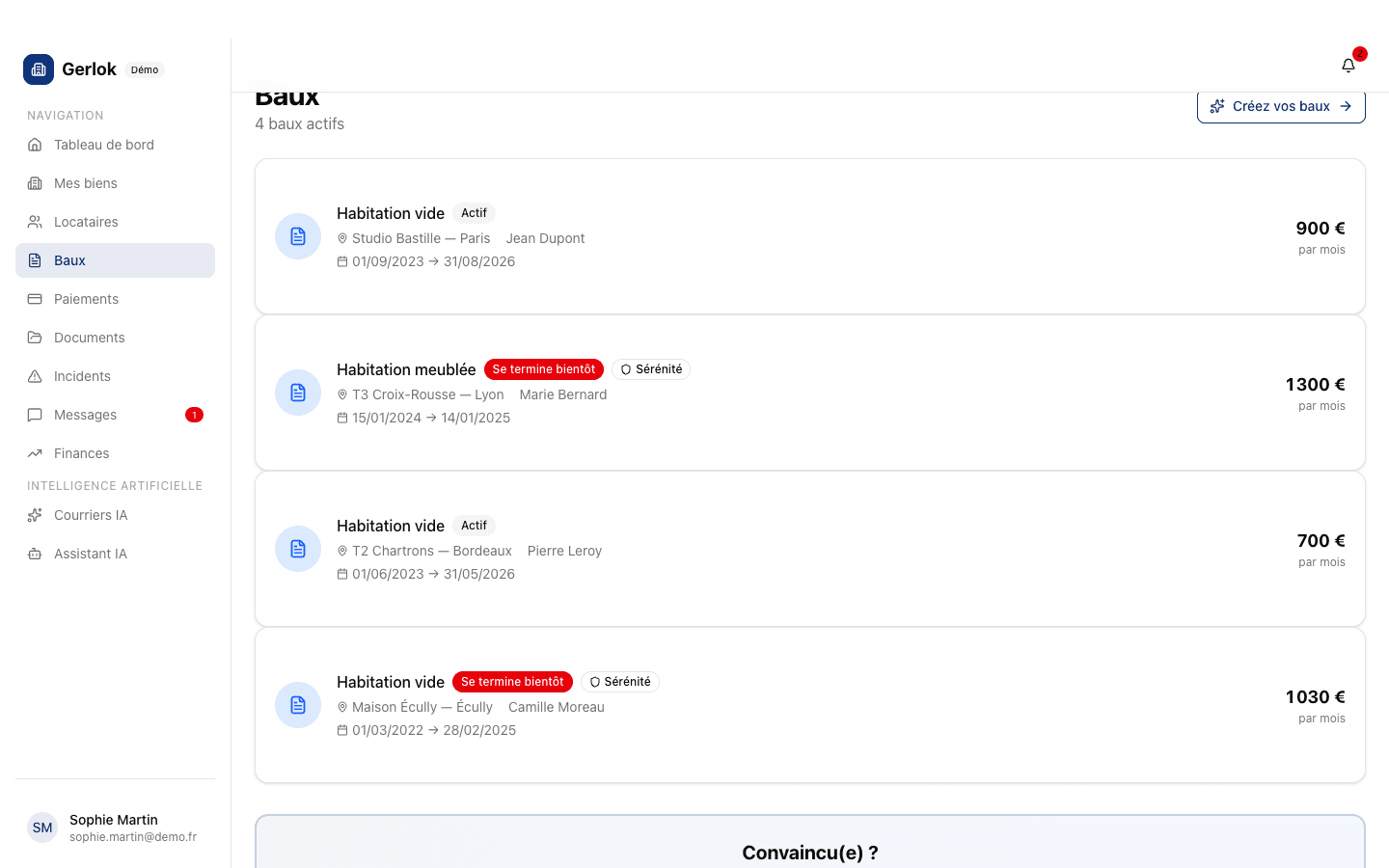 Capture d'écran de la fonctionnalité Gestion des baux dans Gerlok