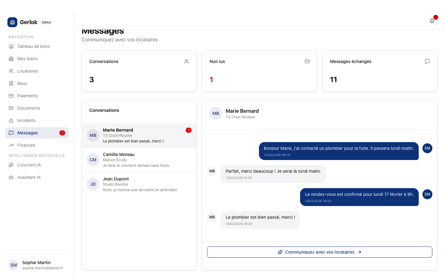 Capture d'écran de la fonctionnalité Portail locataire dans Gerlok
