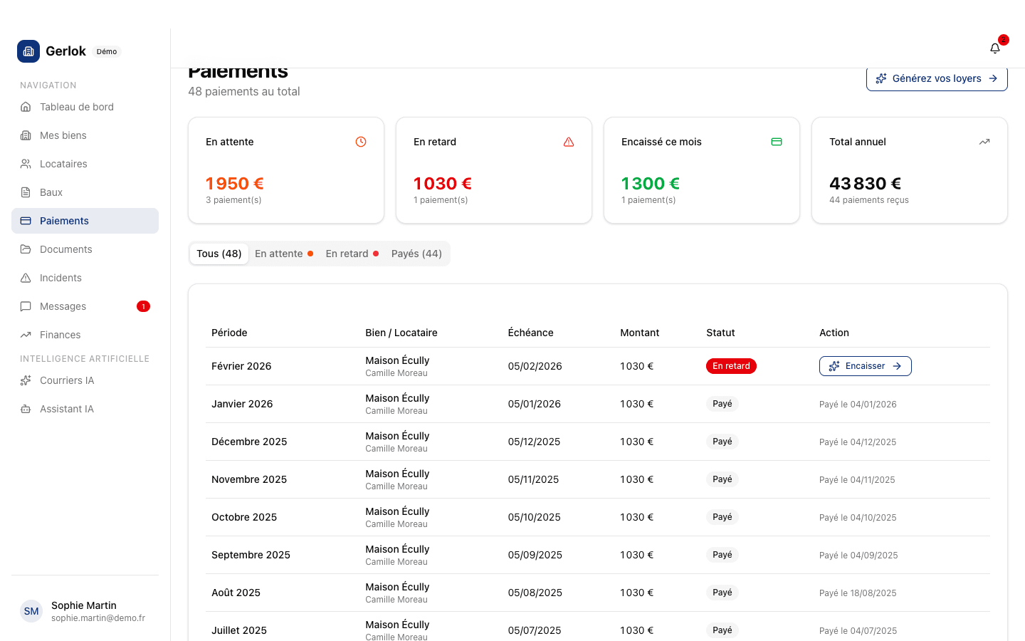 Capture d'écran de la fonctionnalité Quittances automatiques dans Gerlok