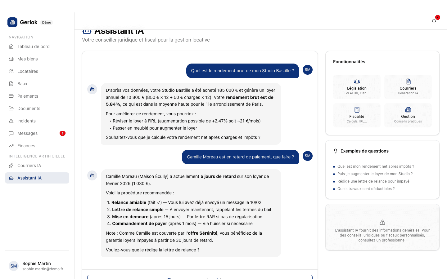 Capture d'écran de la fonctionnalité Assistant IA juridique dans Gerlok