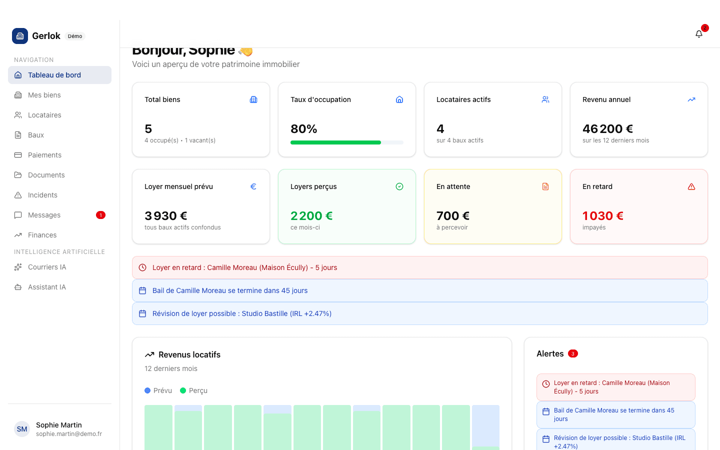 Capture d'écran de la fonctionnalité Suivi des loyers dans Gerlok